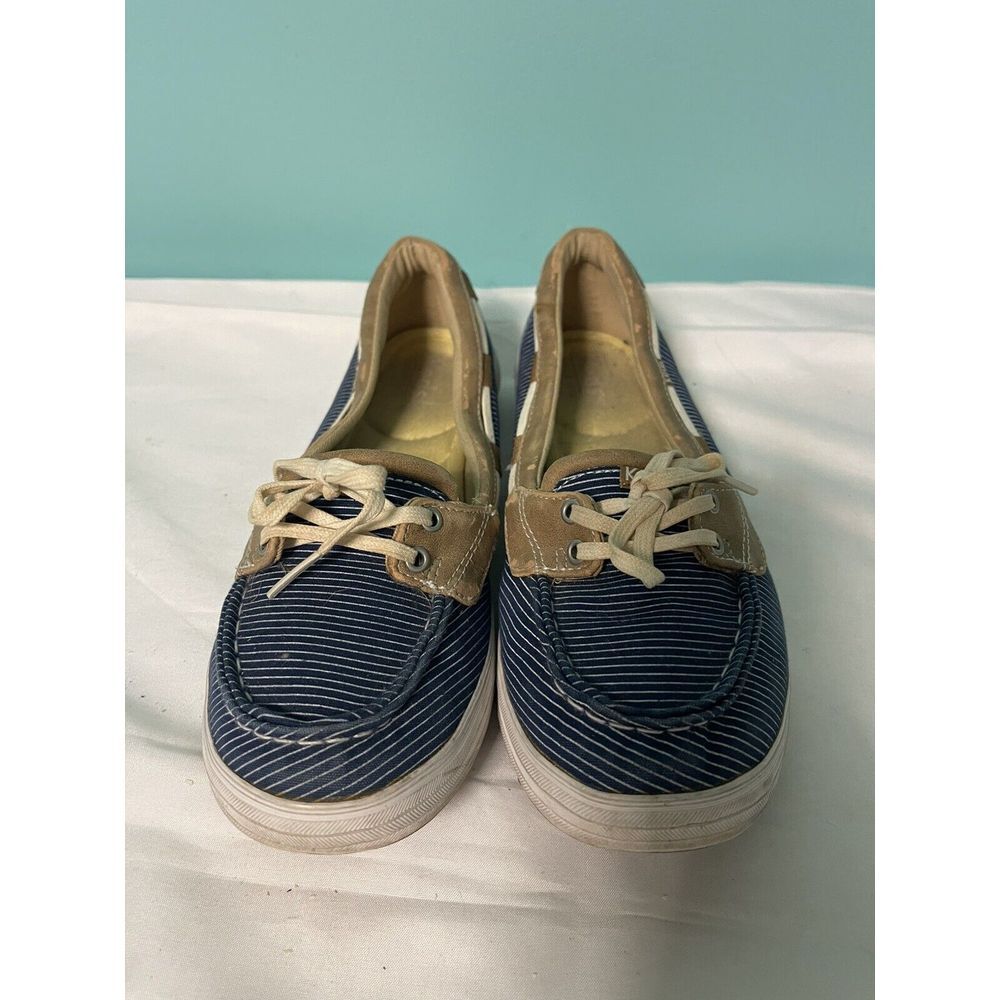 KEDS Tan Navy Blue White Striped Ortholite Canvas Loafer Boat Women's 8.5 S-346